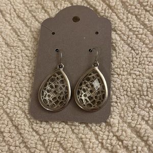 Silver Teardrop Earrings with Unique Swirly Design on Clear Gemstone Gift